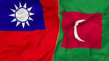 Taiwán y Maldivas banderas juntos sin costura bucle fondo, serpenteado bache textura paño ondulación lento movimiento, 3d representación video