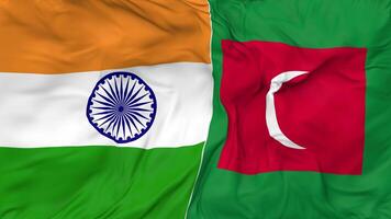 India and Maldives Flags Together Seamless Looping Background, Looped Bump Texture Cloth Waving Slow Motion, 3D Rendering video