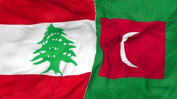 Líbano e Maldivas bandeiras juntos desatado looping fundo, em loop colisão textura pano acenando lento movimento, 3d Renderização video