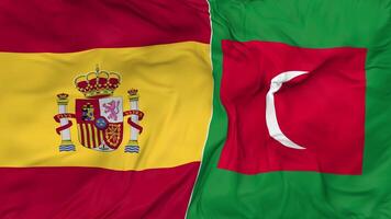 Spain and Maldives Flags Together Seamless Looping Background, Looped Bump Texture Cloth Waving Slow Motion, 3D Rendering video