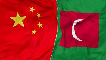 Cina e Maldive bandiere insieme senza soluzione di continuità looping sfondo, loop urto struttura stoffa agitando lento movimento, 3d interpretazione video