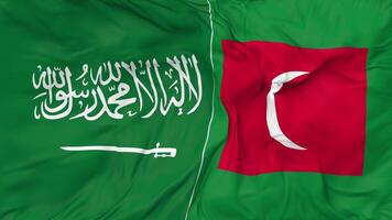 KSA, Kingdom of Saudi Arabia and Maldives Flags Together Seamless Looping Background, Looped Bump Texture Cloth Waving Slow Motion, 3D Rendering video