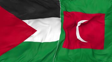 Palestine and Maldives Flags Together Seamless Looping Background, Looped Bump Texture Cloth Waving Slow Motion, 3D Rendering video