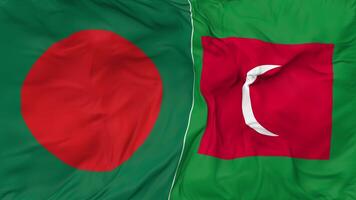 bangladesh e Maldive bandiere insieme senza soluzione di continuità looping sfondo, loop urto struttura stoffa agitando lento movimento, 3d interpretazione video