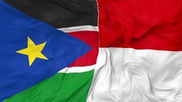 Indonesia and South Sudan Flags Together Seamless Looping Background, Looped Bump Texture Cloth Waving Slow Motion, 3D Rendering video
