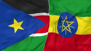 Ethiopia and South Sudan Flags Together Seamless Looping Background, Looped Bump Texture Cloth Waving Slow Motion, 3D Rendering video