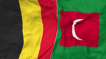 Belgium and Maldives Flags Together Seamless Looping Background, Looped Bump Texture Cloth Waving Slow Motion, 3D Rendering video