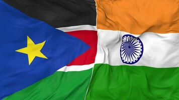 India and South Sudan Flags Together Seamless Looping Background, Looped Bump Texture Cloth Waving Slow Motion, 3D Rendering video