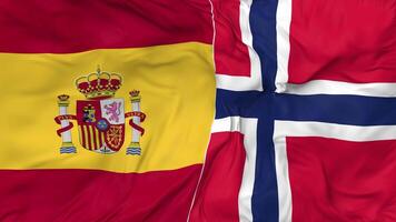 Spain and Norway Flags Together Seamless Looping Background, Looped Bump Texture Cloth Waving Slow Motion, 3D Rendering video