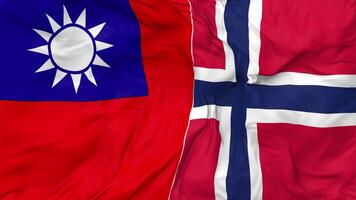 Taiwán y Noruega banderas juntos sin costura bucle fondo, serpenteado bache textura paño ondulación lento movimiento, 3d representación video
