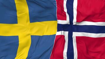 Sverige och Norge flaggor tillsammans sömlös looping bakgrund, looped stöta textur trasa vinka långsam rörelse, 3d tolkning video