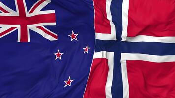 Neu Neuseeland und Norwegen Flaggen zusammen nahtlos Schleifen Hintergrund, geloopt stoßen Textur Stoff winken schleppend Bewegung, 3d Rendern video
