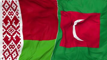 Vitryssland och maldiverna flaggor tillsammans sömlös looping bakgrund, looped stöta textur trasa vinka långsam rörelse, 3d tolkning video