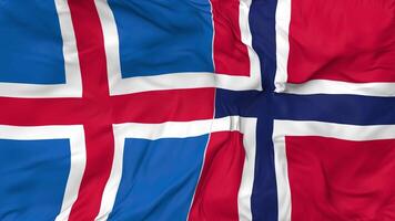 IJsland en Noorwegen vlaggen samen naadloos looping achtergrond, lusvormige buil structuur kleding golvend langzaam beweging, 3d renderen video