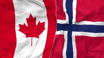 Canadá y Noruega banderas juntos sin costura bucle fondo, serpenteado bache textura paño ondulación lento movimiento, 3d representación video
