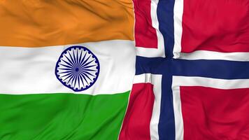 India and Norway Flags Together Seamless Looping Background, Looped Bump Texture Cloth Waving Slow Motion, 3D Rendering video