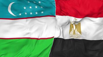 Uzbekistán y Egipto banderas juntos sin costura bucle fondo, serpenteado bache textura paño ondulación lento movimiento, 3d representación video