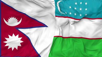 Uzbekistán y Nepal banderas juntos sin costura bucle fondo, serpenteado bache textura paño ondulación lento movimiento, 3d representación video