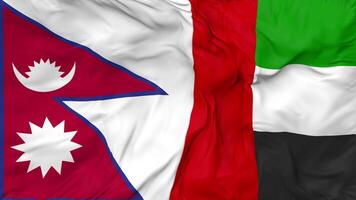 United Arab Emirates and Nepal Flags Together Seamless Looping Background, Looped Bump Texture Cloth Waving Slow Motion, 3D Rendering video