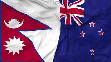Novo zelândia e Nepal bandeiras juntos desatado looping fundo, em loop colisão textura pano acenando lento movimento, 3d Renderização video