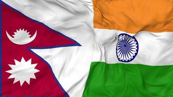 India and Nepal Flags Together Seamless Looping Background, Looped Bump Texture Cloth Waving Slow Motion, 3D Rendering video