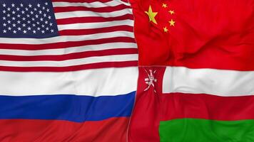 Omã, China, Rússia e Unidos estados, EUA bandeiras juntos desatado looping fundo, em loop colisão textura pano acenando lento movimento, 3d Renderização video