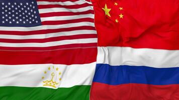 tadjiquistão, China, Rússia e Unidos estados, EUA bandeiras juntos desatado looping fundo, em loop colisão textura pano acenando lento movimento, 3d Renderização video