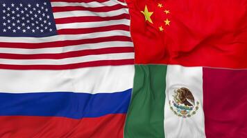 México, porcelana, Rusia y unido estados, Estados Unidos banderas juntos sin costura bucle fondo, serpenteado bache textura paño ondulación lento movimiento, 3d representación video