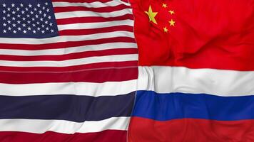 tailandia, porcelana, Rusia y unido estados, Estados Unidos banderas juntos sin costura bucle fondo, serpenteado bache textura paño ondulación lento movimiento, 3d representación video