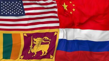 Sri Lanka, China, Russia and United States, USA Flags Together Seamless Looping Background, Looped Bump Texture Cloth Waving Slow Motion, 3D Rendering video