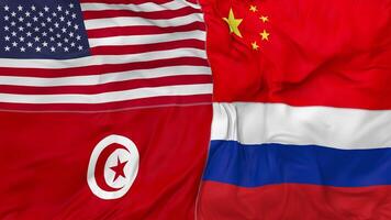 Tunisia, China, Russia and United States, USA Flags Together Seamless Looping Background, Looped Bump Texture Cloth Waving Slow Motion, 3D Rendering video