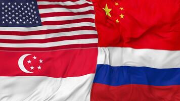 Singapore, China, Russia and United States, USA Flags Together Seamless Looping Background, Looped Bump Texture Cloth Waving Slow Motion, 3D Rendering video