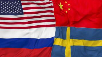 Sweden, China, Russia and United States, USA Flags Together Seamless Looping Background, Looped Bump Texture Cloth Waving Slow Motion, 3D Rendering video