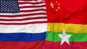 myanmar, Birma, China, Rusland en Verenigde staten, Verenigde Staten van Amerika vlaggen samen naadloos looping achtergrond, lusvormige buil structuur kleding golvend langzaam beweging, 3d renderen video