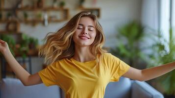 AI generated A beautiful young girl in jeans and a yellow T-shirt dances on the sofa in a modern living room photo