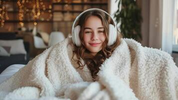 AI generated A contented girl sits in bed with white headphones on, wrapped in a cozy white blanket photo