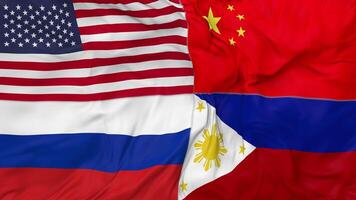 Philippines, China, Russia and United States, USA Flags Together Seamless Looping Background, Looped Bump Texture Cloth Waving Slow Motion, 3D Rendering video