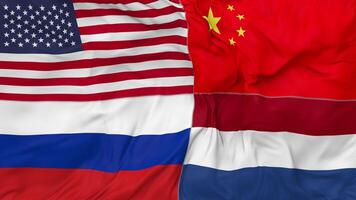 Netherlands, China, Russia and United States, USA Flags Together Seamless Looping Background, Looped Bump Texture Cloth Waving Slow Motion, 3D Rendering video