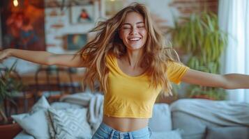 AI generated A beautiful young girl in jeans and a yellow T-shirt dances on the sofa in a modern living room photo