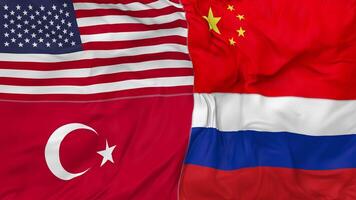 kalkoen, China, Rusland en Verenigde staten, Verenigde Staten van Amerika vlaggen samen naadloos looping achtergrond, lusvormige buil structuur kleding golvend langzaam beweging, 3d renderen video