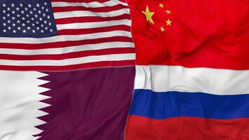 qatar, China, Rusland en Verenigde staten, Verenigde Staten van Amerika vlaggen samen naadloos looping achtergrond, lusvormige buil structuur kleding golvend langzaam beweging, 3d renderen video