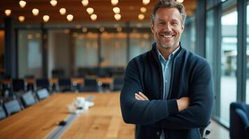 AI generated A businessman stands in front of a large table in a meeting room in a modern office photo