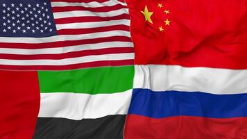 United Arab Emirates, China, Russia and United States, USA Flags Together Seamless Looping Background, Looped Bump Texture Cloth Waving Slow Motion, 3D Rendering video