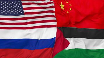 Palestine, China, Russia and United States, USA Flags Together Seamless Looping Background, Looped Bump Texture Cloth Waving Slow Motion, 3D Rendering video