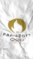 París 2024 verano Juegos Olímpicos bandera sin costura bucle fondo, serpenteado paño ondulación lento movimiento, 3d representación video