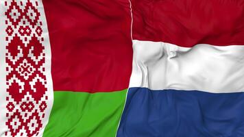Belarus and Netherlands Flags Together Seamless Looping Background, Looped Bump Texture Cloth Waving Slow Motion, 3D Rendering video
