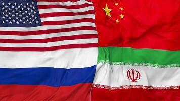 Iran, China, Russia and United States, USA Flags Together Seamless Looping Background, Looped Bump Texture Cloth Waving Slow Motion, 3D Rendering video