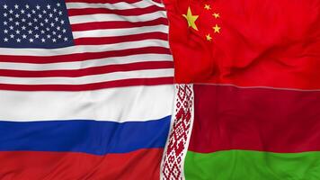 Belarus, China, Russia and United States, USA Flags Together Seamless Looping Background, Looped Bump Texture Cloth Waving Slow Motion, 3D Rendering video