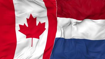 Canada e Olanda bandiere insieme senza soluzione di continuità looping sfondo, loop urto struttura stoffa agitando lento movimento, 3d interpretazione video