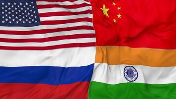 India, Cina, Russia e unito stati, Stati Uniti d'America bandiere insieme senza soluzione di continuità looping sfondo, loop urto struttura stoffa agitando lento movimento, 3d interpretazione video